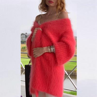 China Anti-wrinkle Fashion Atmosphere Winter News Women's Extra Long Mohair Sweater O Collar Checked Cardigan Sweater for sale