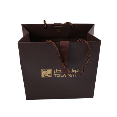 China Eco-friendly Luxury Coffee Color Paper Bag Design Custom Size Gift Bags With Nylon Twist Rope Handle for sale