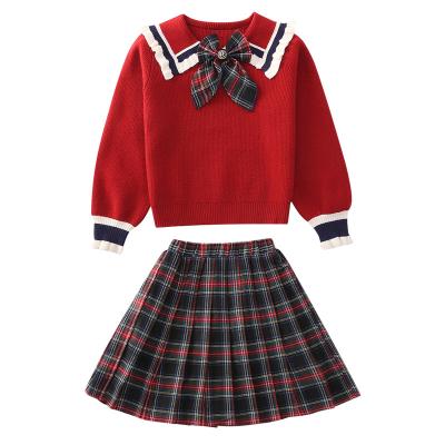 China Girl's washable clothing set Autumn Korean 2022 sweater plaid skirt girls fashion two-piece set for sale