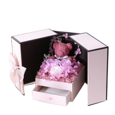 China Europe Wholesale Christmas Decoration Preserved Two Layers Flowers Pink Ribbon Valentine Necklace Teddy Bear Rose Large Gift Box for sale