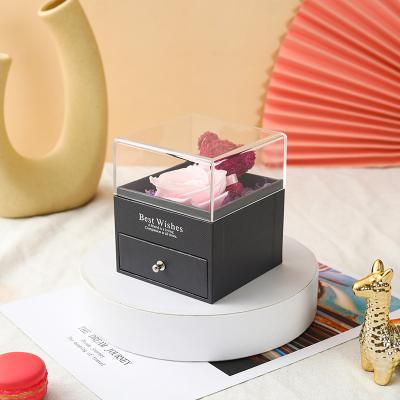 China Europe Valentine Gift Set Acrylic Preserved Rose Drawer Jewelry Box Romantic Forever Rose Eternal Flower Box for Birthday Wedding for sale