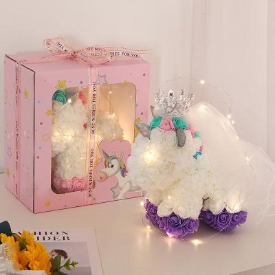 China Colorful Preserved Handmade Flower Rose Teddy Bear Unicorn With Box Beautiful Hot Selling Eternal Flowers Foam PE For Valentine's Day for sale