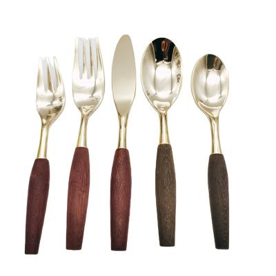 China Sustainable Luxury Natural Wood Rose Flatware Mirror Gold Flatware Stainless Steel Wood Forged Cutlery Set for sale