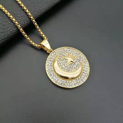 China 18K Gold Jewelry 18K Gold Religious Islamic Zircon Muslim Necklace Stainless Steel Star And Moon Flag Islamic Pendant Necklaces for sale