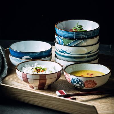 China Sustainable Factory Direct Hand Printed Glazed Round Rice Bowls Ceramic Salad Soup Bowl For Restaurant Hotel for sale