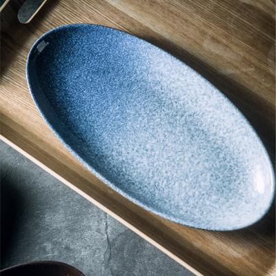 China 12 Inch Stocked Oval Serving Dishes Custom Catering Dinnerware Blue Ceramic Splint for sale