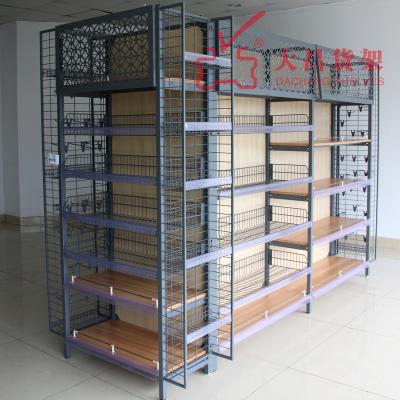 China Modular Supermarket Food Shelf Supermarket Shelf Supermarket Shelves Metal Wooden Double Sided Shelf Supermarket Shelves for sale