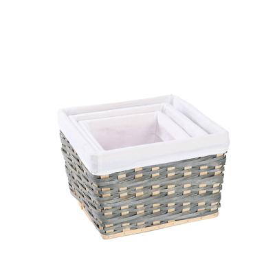 China Sustainable Woven Handmade Wooden Laundry Hamper Set of Three Wood Waste Gift Basket Poplar Wood Baskets with Liner for sale