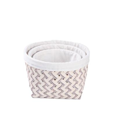 China Sustainable Woven Household Handmade Basket Box Poplar Wood Waste Basket Three Round Set With Lliner for sale