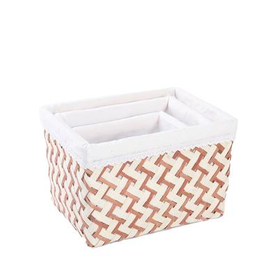 China Sustainable Woven Wooden Storage Basket Three Square Style Handmade Woven Modern Waste Wood Cross Basket Poplar Wooden Set With Liner for sale