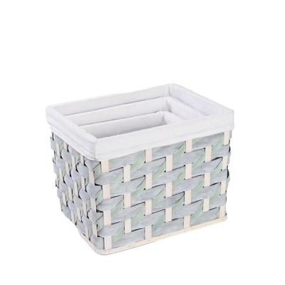 China Gift Three Woven Wooden Basket Woven Baskets Wooden Storage Organizer Handmade Wholesale Viable Wooden Hamper Basket With Sundries Liner for sale