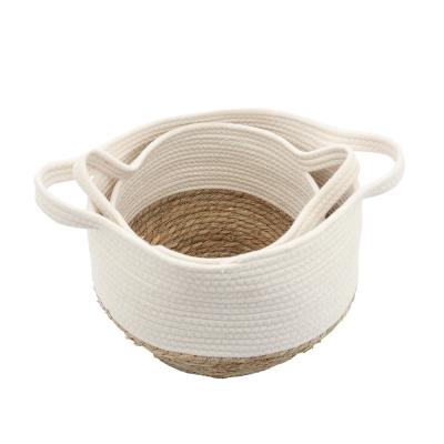 China Wholesale Sustainable Natural Rushing Grass Basket With Cotton Rope Handle Sea Grass Round Storage Basket for sale