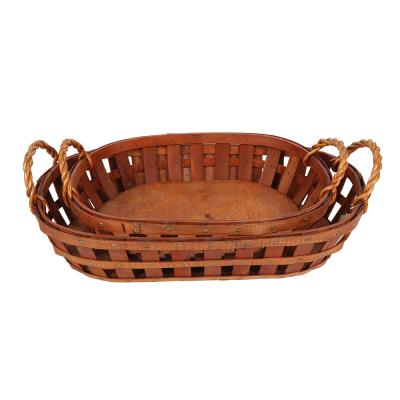 China Viable Natural Cavity with Plinth Set of 2 Fir Leaf Basket Wood Woven Gift Baskets Fancy Wooden Gift Baskets for sale