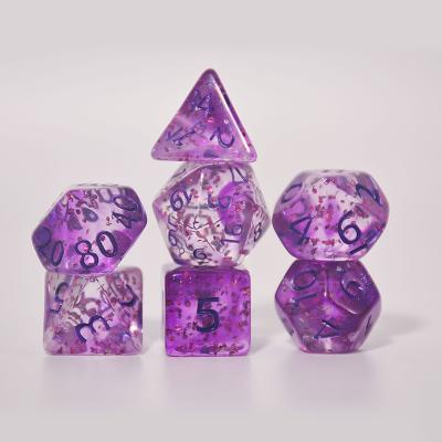 China Disturb free game dice Clear purple liquid core dice and dnd dice 7set custom Acrylic dice polyhedral for sale