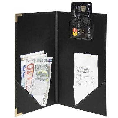 China Hot Sale Black Double Panel Hotel Restaurant Guest Check Leather Effect Holder With Bank Card Clot 19.1*12.7cm for sale