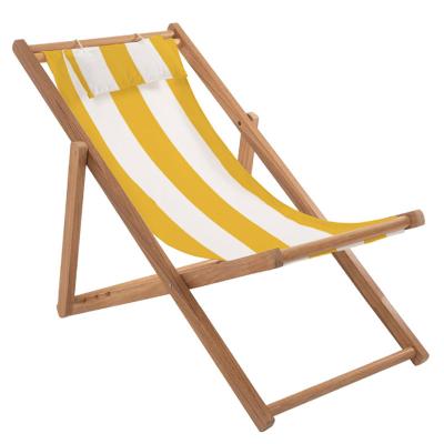 China Custom Durable Striped White Yellow Outdoor Garden Sea Garden Adjustable Outdoor Camping Head Stable Folding Wooden Beach Lounge Chair With Pillow for sale