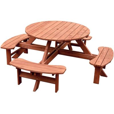 China 8 Seater Wooden Outdoor Beer Garden Patio Bar Playpen Durable Stable Round Furniture Large Luxury Timber Dining Table and Umbrella Picnic Bench for sale