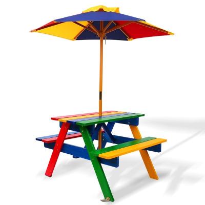 China Small Wooden Outdoor Garden Umbrella Kids Party Picnic Table Bench 3in1 Short Luxury Cute Eco-Friendly Durable Stable OEM Custom Beautiful for sale