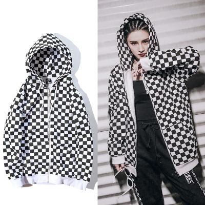 China Anti-wrinkle Trending Autumn Plus Size Clothing Plus Size Women's Hoodies Black And White Checkerboard Knitted Cardigan for sale