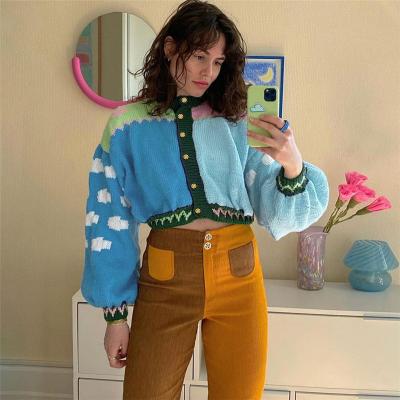 China Breathable Women Winter Sweater Color Blocking Crewneck Sweater Knitwear Puff Sleeves Blouse Splicing Tops for sale