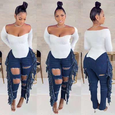 China 2021 autumn breathable women fashion new style plus size pants and jeans cotton rope macrame ripped jeans for sale