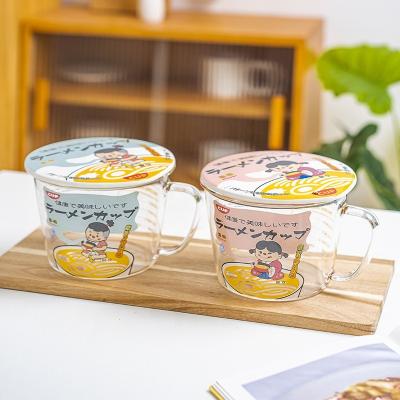 China Japanese cartoon family dormitory instant noodle bowl stocked creative glass cute bowl with lid with handle for sale