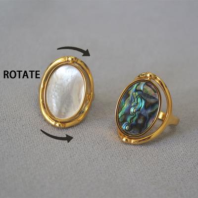 China Daidan Abalone Shell Double Side Turnable Shell Nickel Free Adjustable Silver Oval Shell Vintage 18K Gold Plated Rings for sale