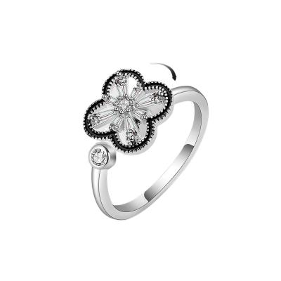 China Daidan Lead Free Nickel Free Ring Silver Open 925 Lucky Four Leaf Clover Zirconia Stir Clover Rotating Ring for sale