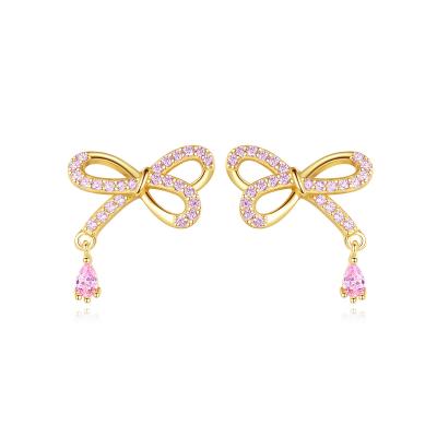 China Daidan Earrings Lead Free Nickel Free 18K Gold Plated 925 Sterling Silver Zircon Stone Korean Cute Hot Pink CZ Bowknot Earrings for sale