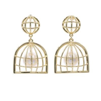 China Large Luxury Daidan Designer Inspired Drop Pearl Earring Custom Birdcage Lead Free Nickel Free Stud Earring for sale