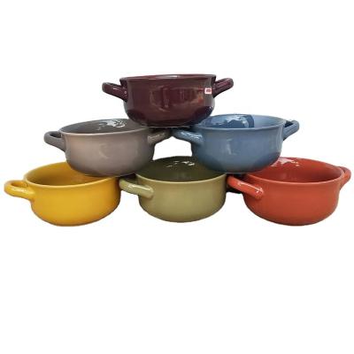 China Viable hot sale wholesale cheap ceramic bowl with two ears soup bowl with two handles for sale