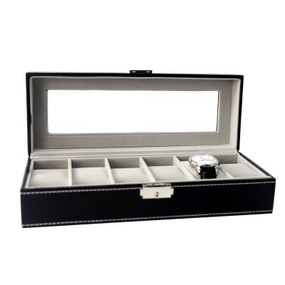 China PU Leather 6 Slots Watch Box Display Case Organizer Glass Jewelry Storage Black Leather for sale