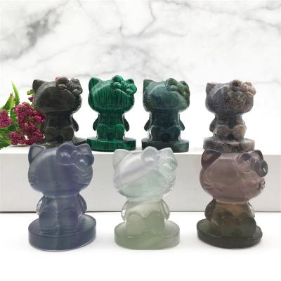 China Wholesale Natural Crystal Carving Europe Fluorite Hello Kitty Hand Made Crystal Crafts For Decoration Or Gift for sale