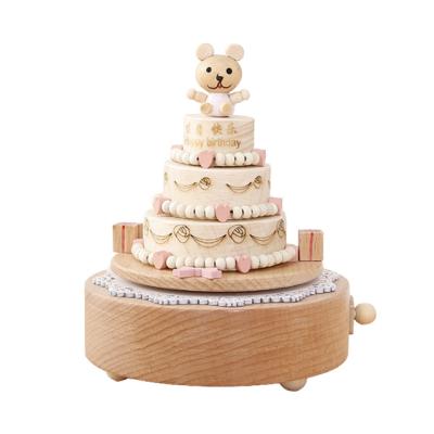 China New Funny Gift Creative Wooden Music Box Decoration Home Birthday Cake With Bear Music Box Toy Carousel Music Box for sale