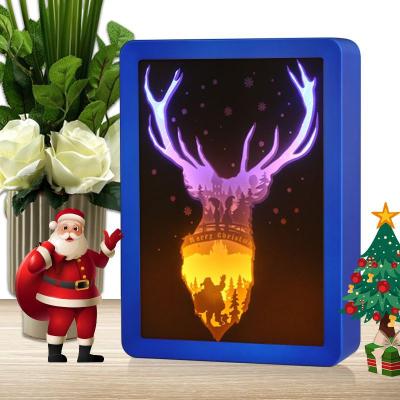 China Christamas Home Decoration 3D Deer Paper Carving Photo Frame Wooden Night Lights Christmas Decoration Gift OEM Accept for sale