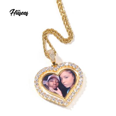 China Hiphop Personalized Custom Heart Photo Rotate Gold Woman Picture Necklace Silver Plated Jewelry Double Pendants for sale