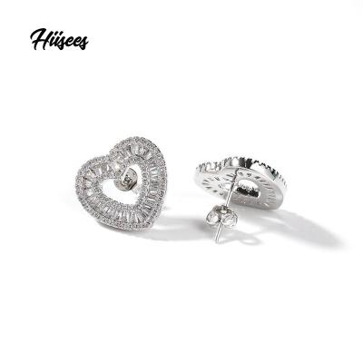 China Vintage Hiisees New Heart Shape Stud Earrings Hollow Out Stud Earrings With Zircon Fashion Designs Wand CZ Earrings For Women Man for sale