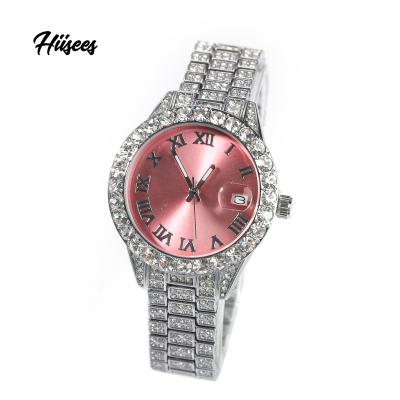 China Auto Date Hiisees Small Size Watches Pale Pink Hiphop Quartz Clock Luxury Waterproof Wristwatch Iced Out Happer Watches for sale