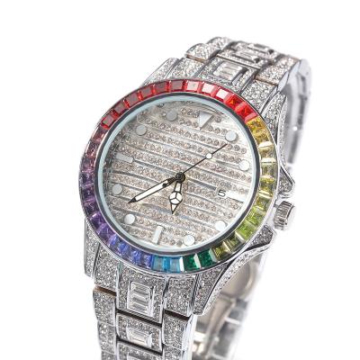 China Wholesale Hot Sale Hip Hop Diamond Rainbow Square CZ Casual Simple Rhinestone Alarm Bling Bling Watch Jewelry for sale