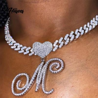 China New Hiphop A-Z Cursive Letter Heart Pendant Frozen Cuban Necklace For Women Link Chain Choker Hip Hop Initial Jewelry for sale