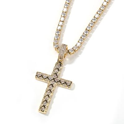 China New Fashion Europe And America Hip Hop Hitter Hip Hop Unisex Jewelry Cross Shape Grid Zirconia Brass Cross Pendant Necklace for sale