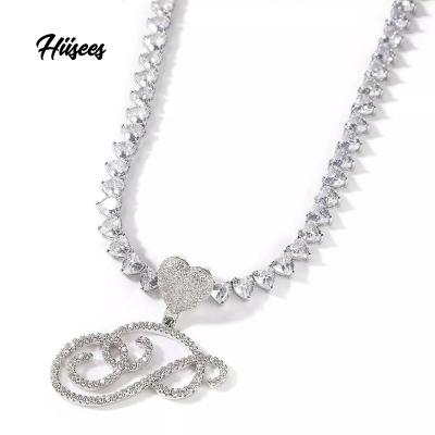 China Hiphop Jewelry Making Heart Crochet Set of Heart Initial Tennis Pendants Cursive Letter Alphabet Chain Necklace for sale