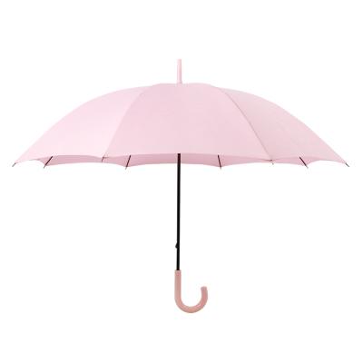 China Custom Minimalist Auto Handle Long Logo Waterproof Lady Umbrella Straight J-Hook Shape for sale