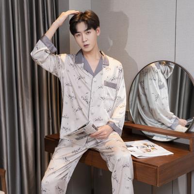 China New QUICK DRY spring men's pajamas sleeving long satin ice silk pajamas plus size men's casual sleepwear nightgown for sale