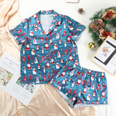 China 2021 Wholesale QUICK DRY Loose Silk Christmas Sleepwear Women Christmas Short Sleeve Christmas Pajamas 2 Pieces Sets for sale