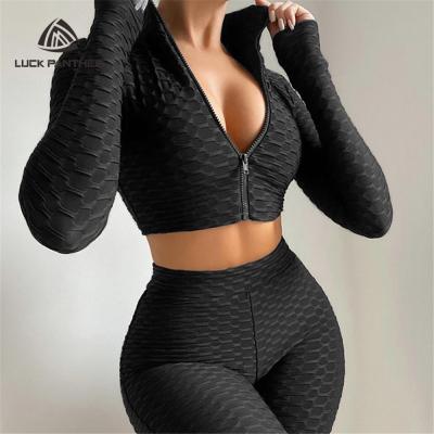 China 2021 New Stock RTS Women's Jacket Top Two Piece Sets QUICK DRY Bulk Crop Top Zipper And Shorts Clothing for sale