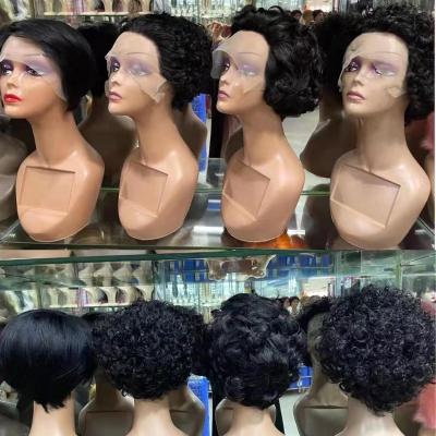 China Pixie Cut Wigs Curly Human Hair Short Soft Thick Smooth Pixie Cut Wig Bleached Knots Lace Frontal Wig for sale