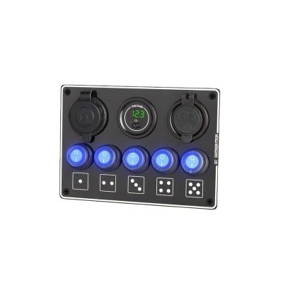 China Car /Yacht /Boat/Truck Waterproof ON Off 5 Band Yatch RV Marine Switch Panel For Boat Bus With Digital Voltage Display Dual USB Power Charger for sale