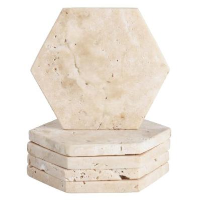 China Sustainable Hexagonal Marble Coaster Set Natural Cream Travertine Stone Drinks Coaster For Table Pad Bar Coaster for sale