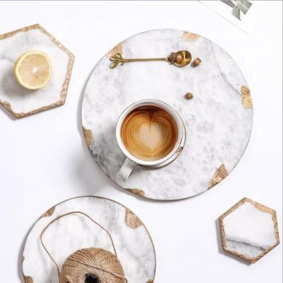 China Sustainable Luxury Nordic Round Hexagon Marble Dinnerware Sets Plates With Gold Plated Edge for sale